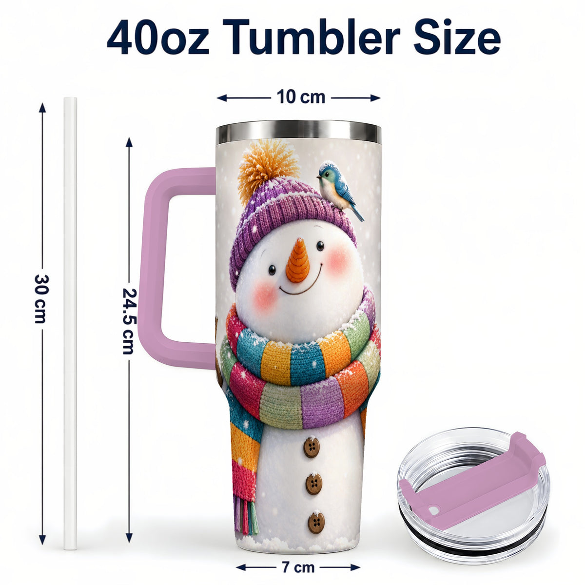 #pl[40oz|Pink] Cozy Snowman 40oz Tumbler with Handle, Winter Bird Stainless Steel Cup