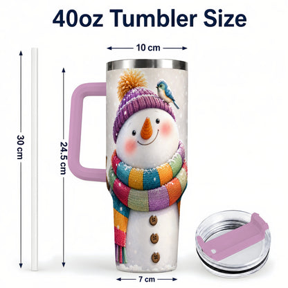 #pl[40oz|Pink] Cozy Snowman 40oz Tumbler with Handle, Winter Bird Stainless Steel Cup
