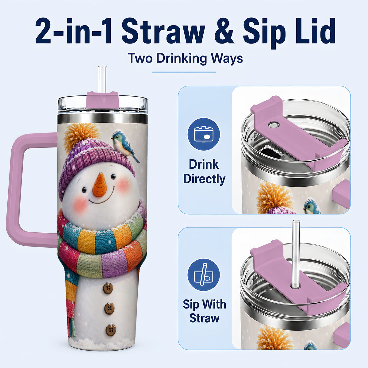 #pl[40oz|Pink] Cozy Snowman 40oz Tumbler with Handle, Winter Bird Stainless Steel Cup