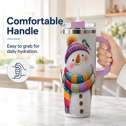 #pl[40oz|Pink] Cozy Snowman 40oz Tumbler with Handle, Winter Bird Stainless Steel Cup