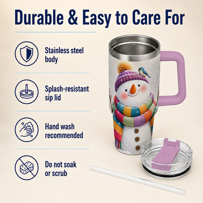 #pl[40oz|Pink] Cozy Snowman 40oz Tumbler with Handle, Winter Bird Stainless Steel Cup