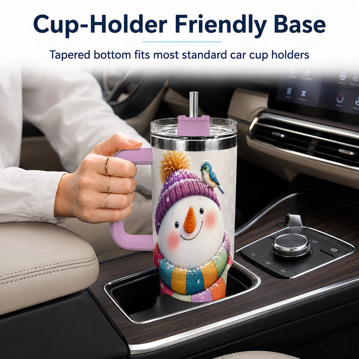 #pl[40oz|Pink] Cozy Snowman 40oz Tumbler with Handle, Winter Bird Stainless Steel Cup