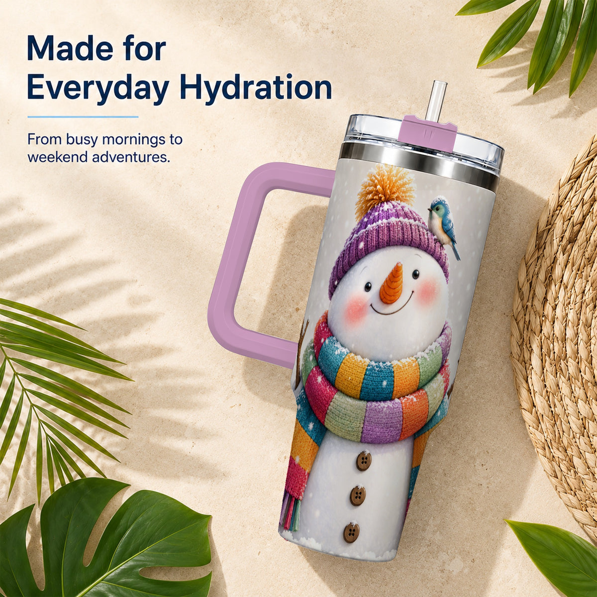 #pl[40oz|Pink] Cozy Snowman 40oz Tumbler with Handle, Winter Bird Stainless Steel Cup