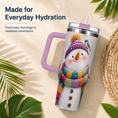 #pl[40oz|Pink] Cozy Snowman 40oz Tumbler with Handle, Winter Bird Stainless Steel Cup