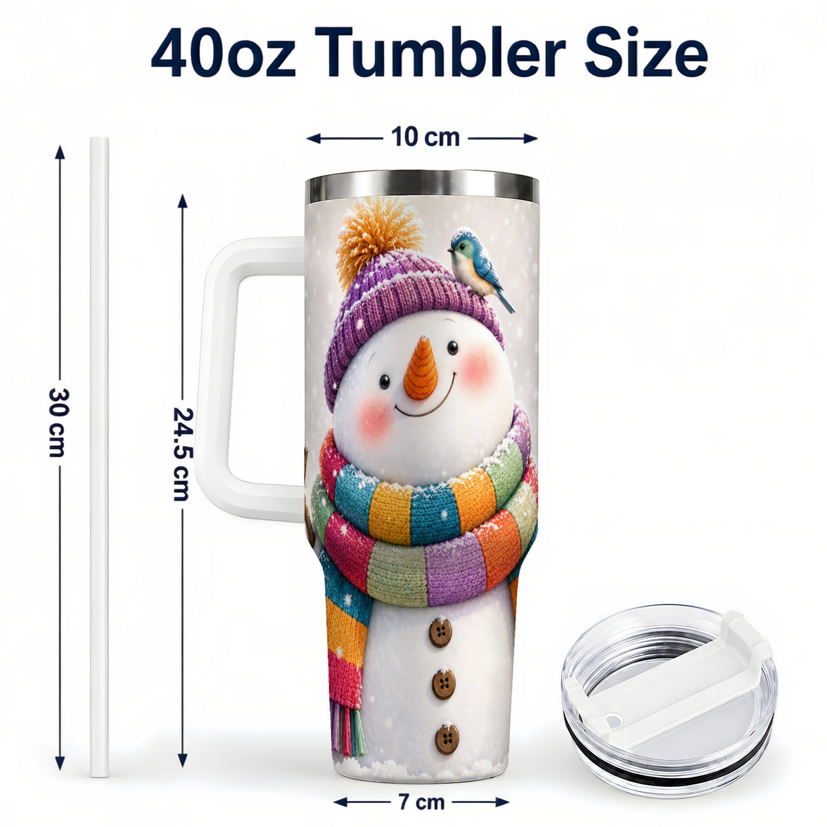 #pl[40oz|White] Cozy Snowman 40oz Tumbler with Handle, Winter Bird Stainless Steel Cup
