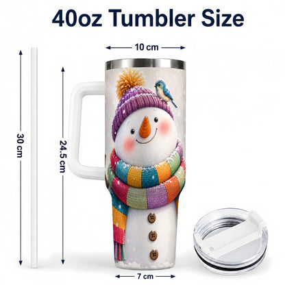#pl[40oz|White] Cozy Snowman 40oz Tumbler with Handle, Winter Bird Stainless Steel Cup
