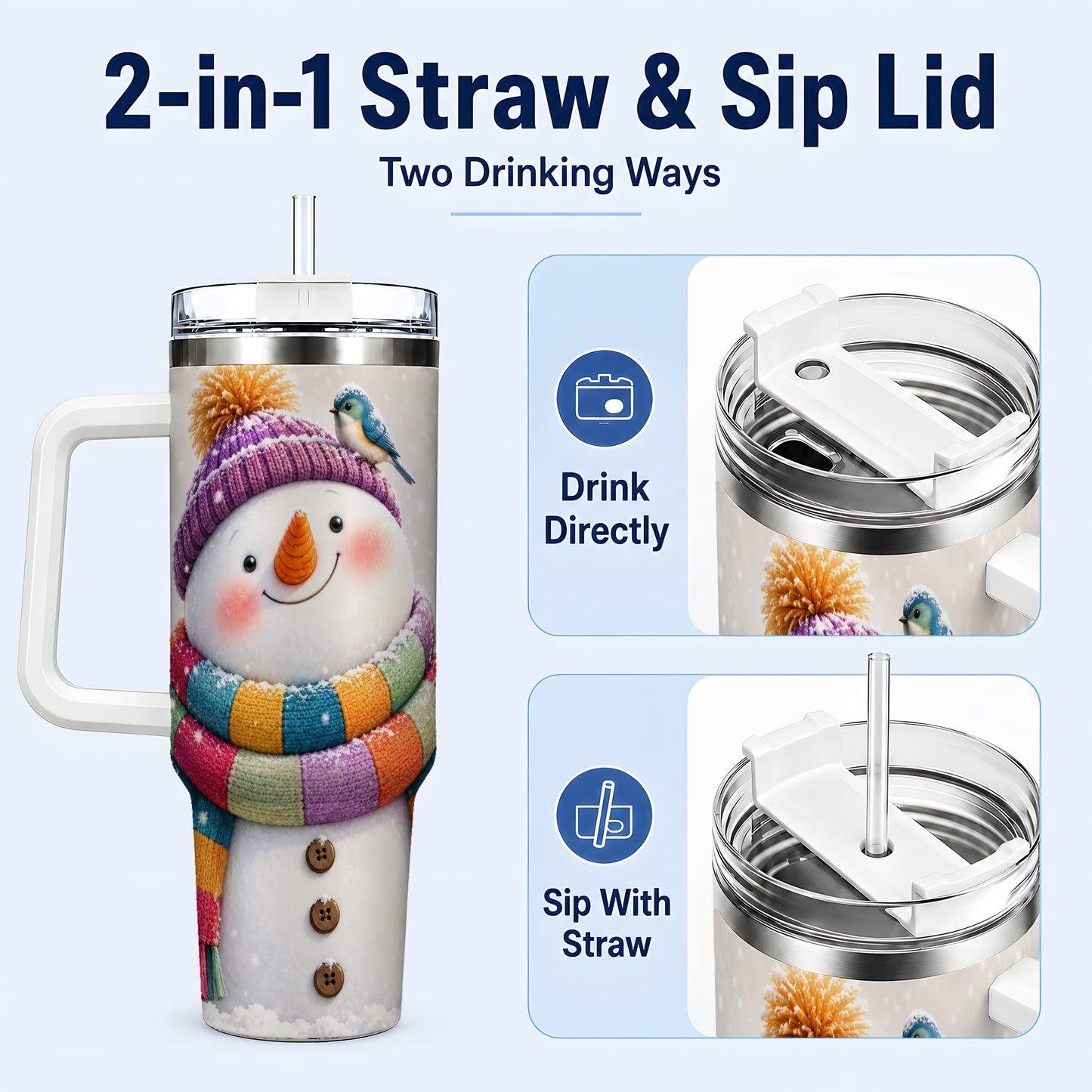 #pl[40oz|White] Cozy Snowman 40oz Tumbler with Handle, Winter Bird Stainless Steel Cup