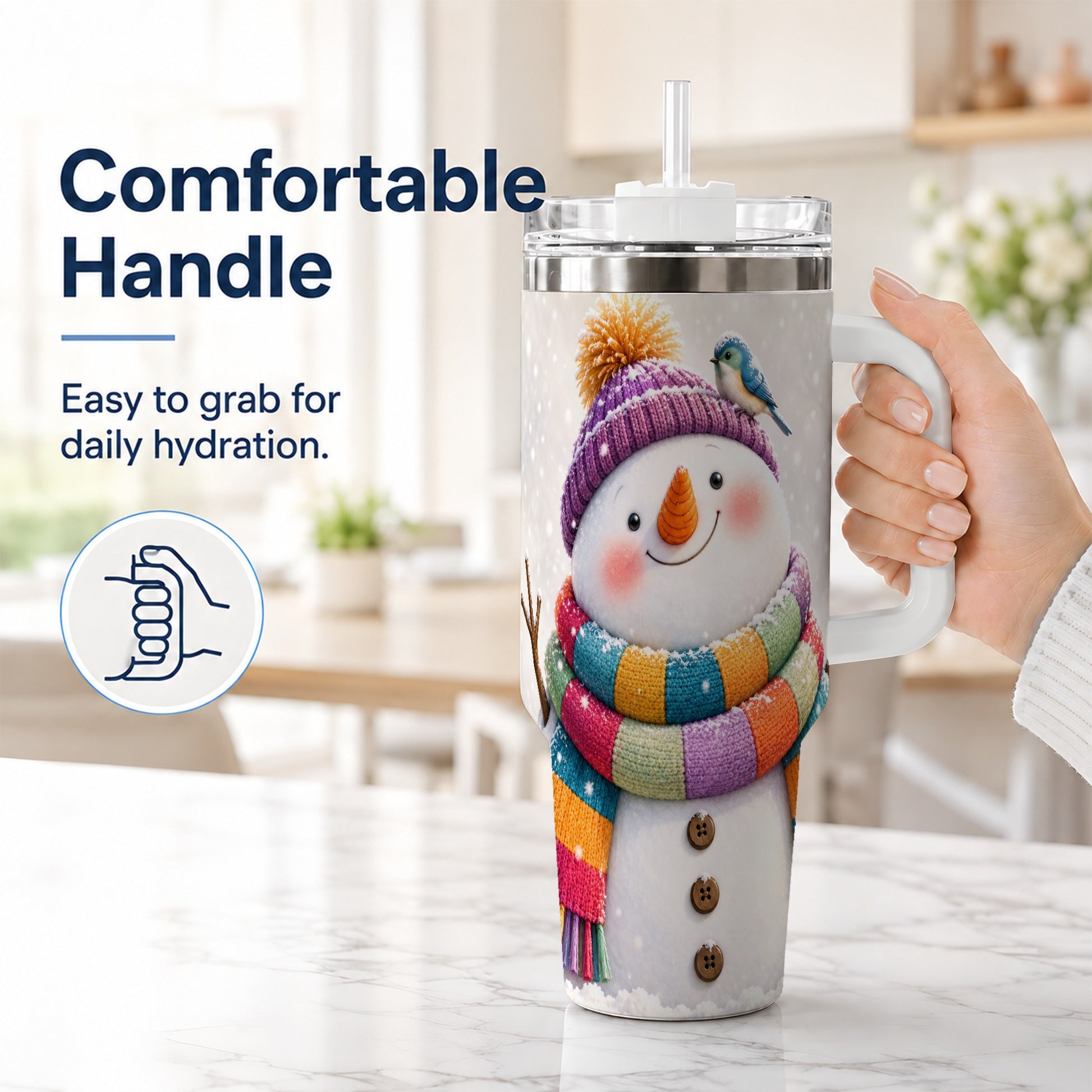 #pl[40oz|White] Cozy Snowman 40oz Tumbler with Handle, Winter Bird Stainless Steel Cup
