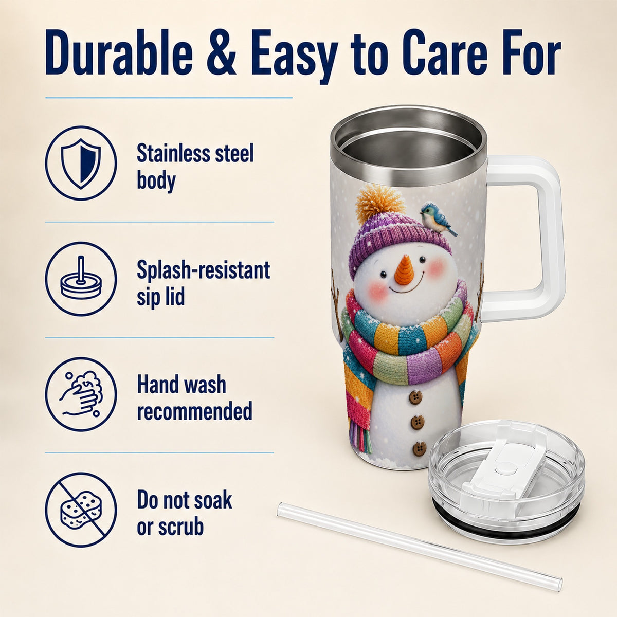 #pl[40oz|White] Cozy Snowman 40oz Tumbler with Handle, Winter Bird Stainless Steel Cup