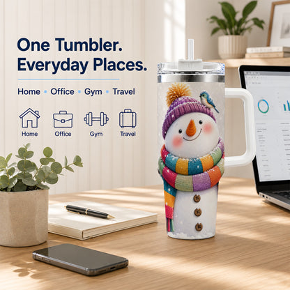 #pl[40oz|White] Cozy Snowman 40oz Tumbler with Handle, Winter Bird Stainless Steel Cup
