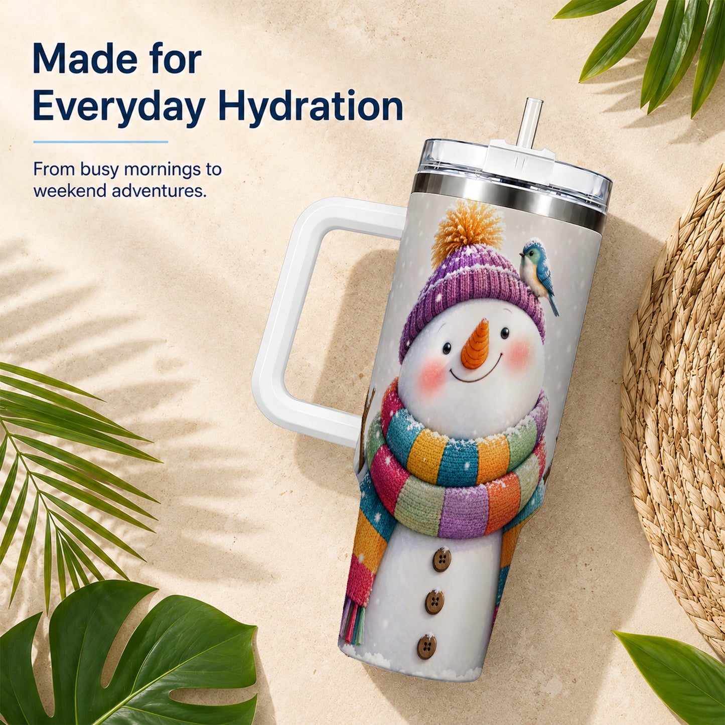 #pl[40oz|White] Cozy Snowman 40oz Tumbler with Handle, Winter Bird Stainless Steel Cup