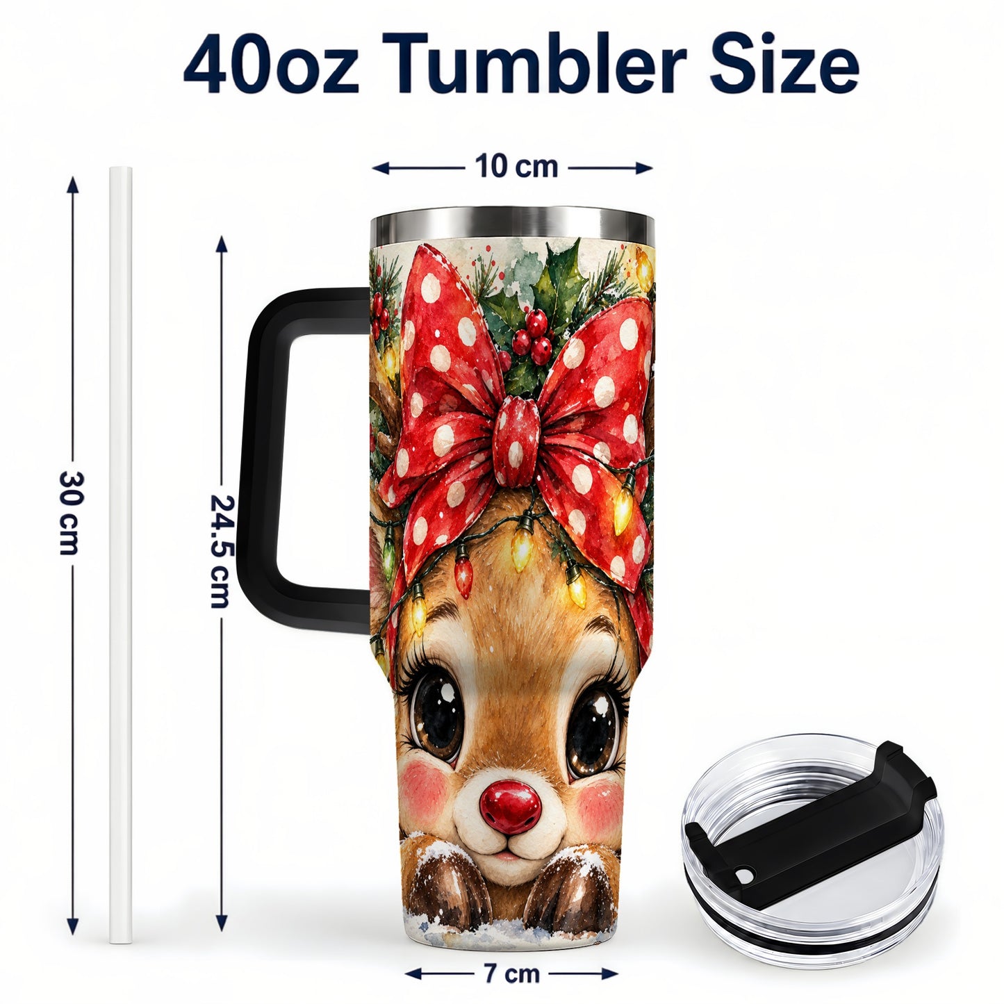 #pl[40oz|Black] Cute Reindeer 40oz Tumbler with Handle, Christmas Stainless Steel Cup