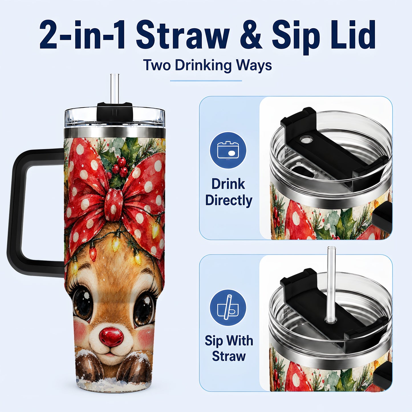 #pl[40oz|Black] Cute Reindeer 40oz Tumbler with Handle, Christmas Stainless Steel Cup