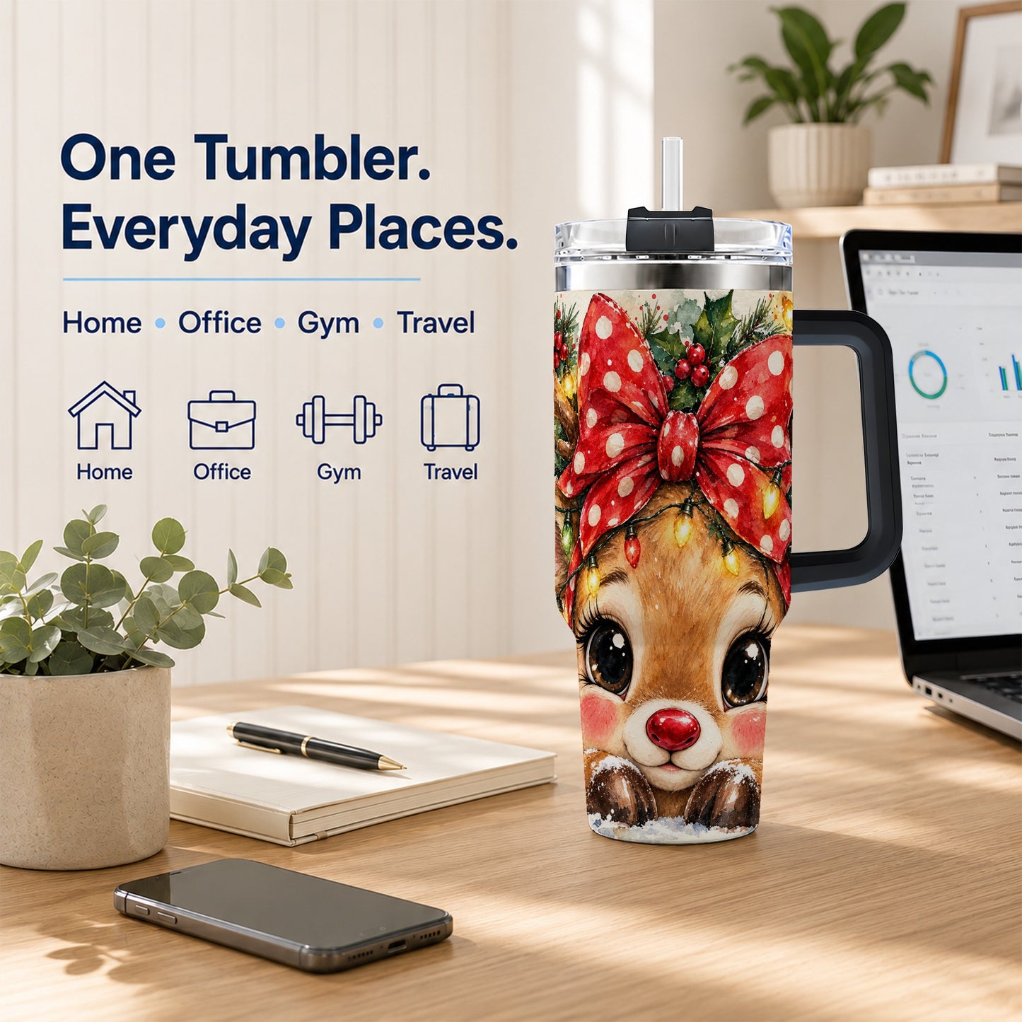 #pl[40oz|Black] Cute Reindeer 40oz Tumbler with Handle, Christmas Stainless Steel Cup