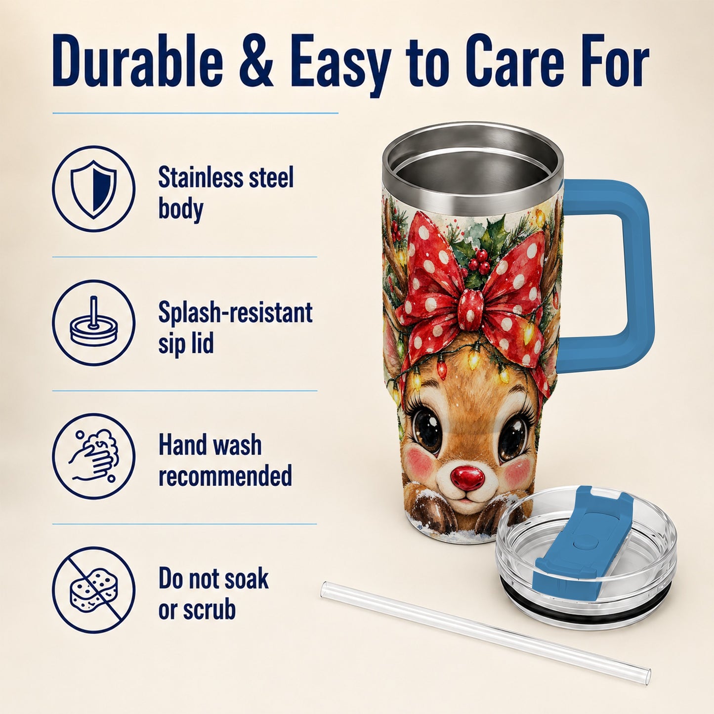 #pl[40oz|Blue] Cute Reindeer 40oz Tumbler with Handle, Christmas Stainless Steel Cup
