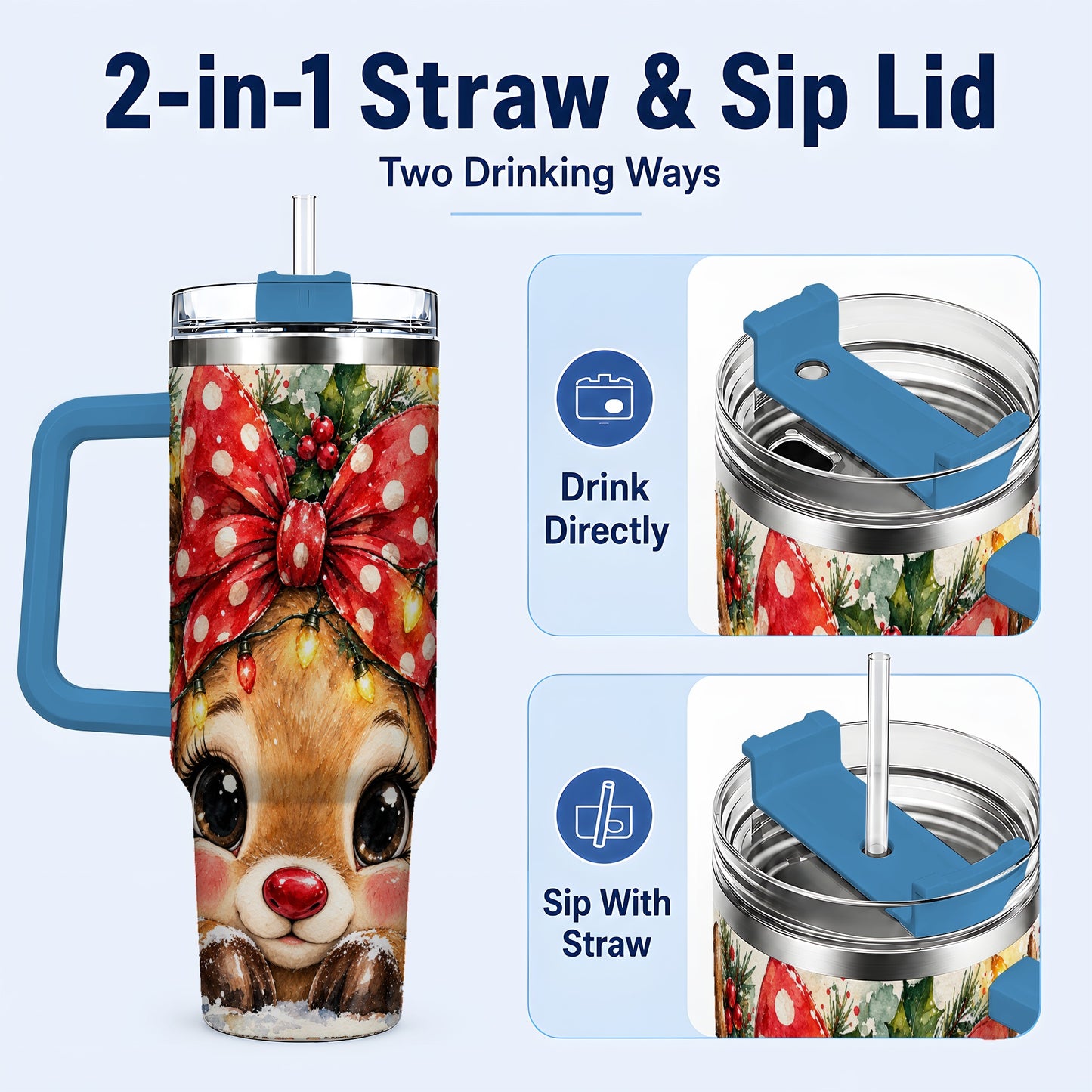 #pl[40oz|Blue] Cute Reindeer 40oz Tumbler with Handle, Christmas Stainless Steel Cup