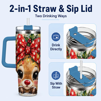 #pl[40oz|Blue] Cute Reindeer 40oz Tumbler with Handle, Christmas Stainless Steel Cup