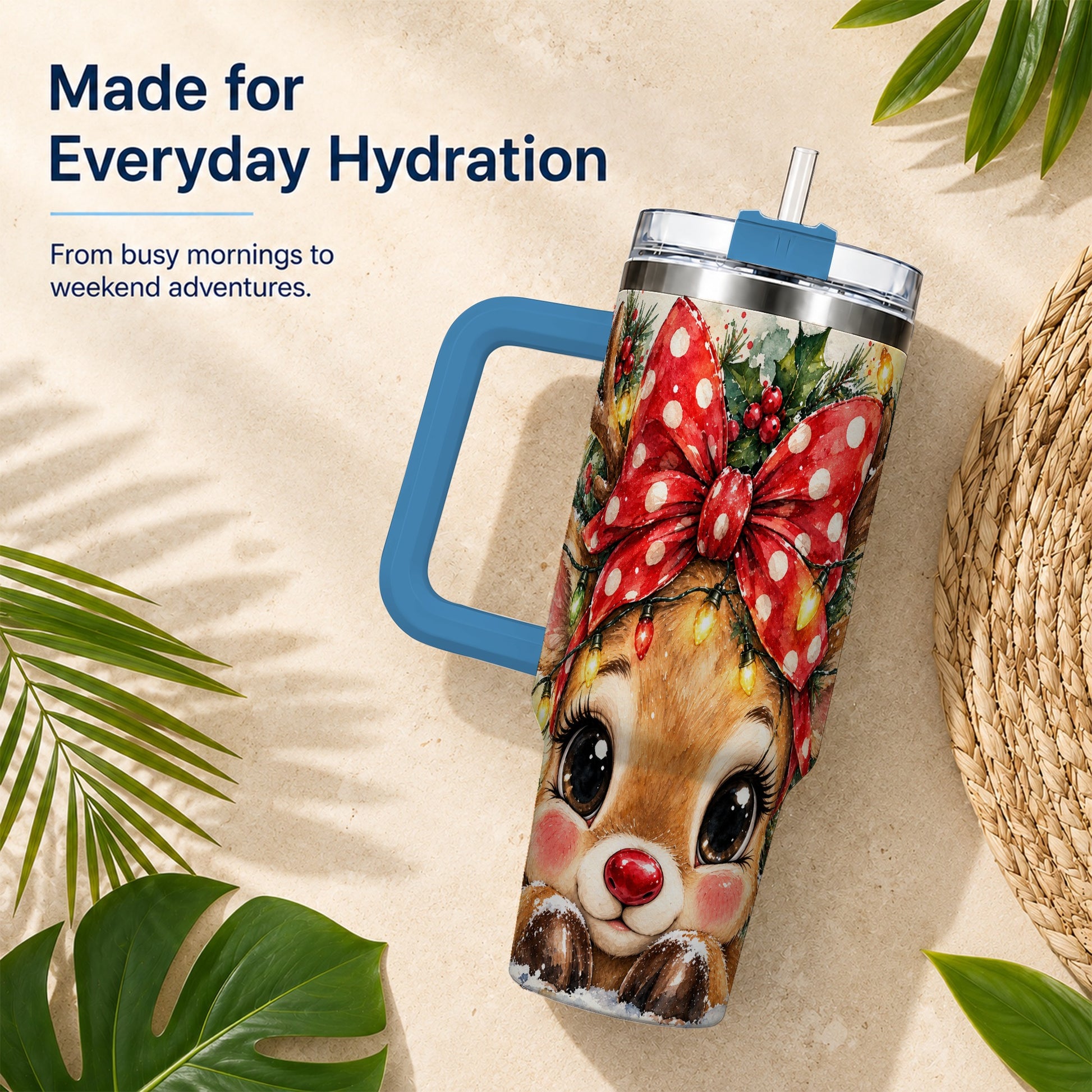 #pl[40oz|Blue] Cute Reindeer 40oz Tumbler with Handle, Christmas Stainless Steel Cup