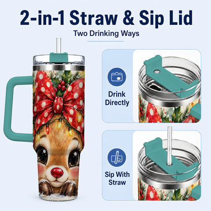 #pl[40oz|Green] Cute Reindeer 40oz Tumbler with Handle, Christmas Stainless Steel Cup