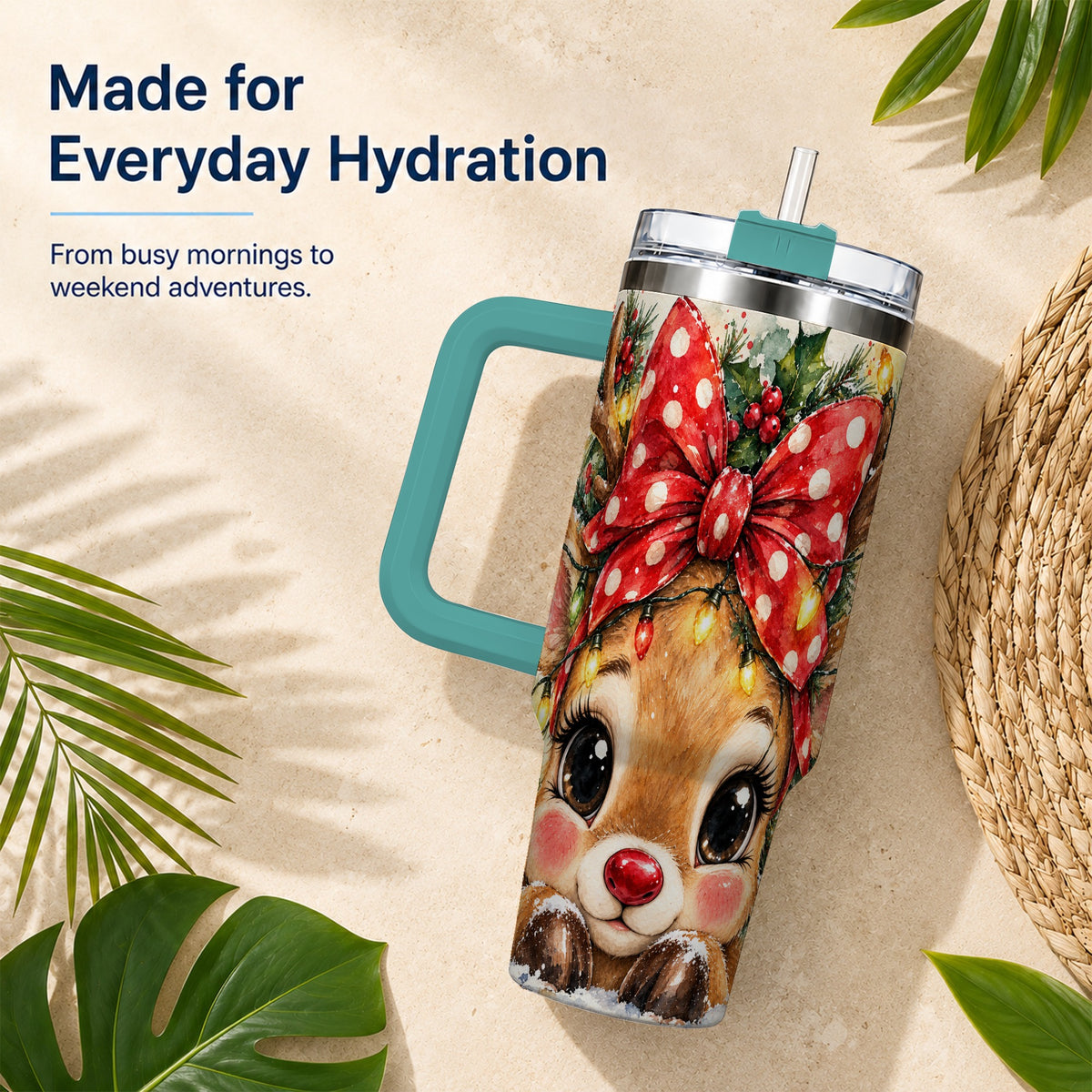 #pl[40oz|Green] Cute Reindeer 40oz Tumbler with Handle, Christmas Stainless Steel Cup