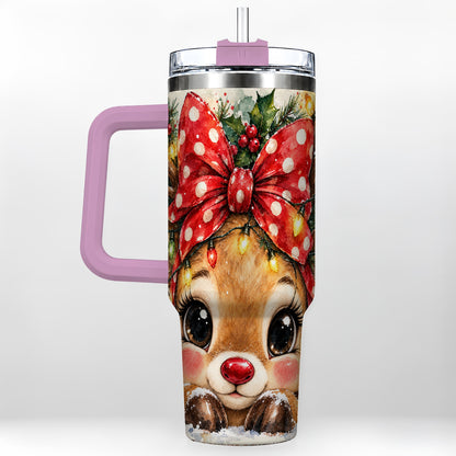 #pl[40oz|Pink] Cute Reindeer 40oz Tumbler with Handle, Christmas Stainless Steel Cup