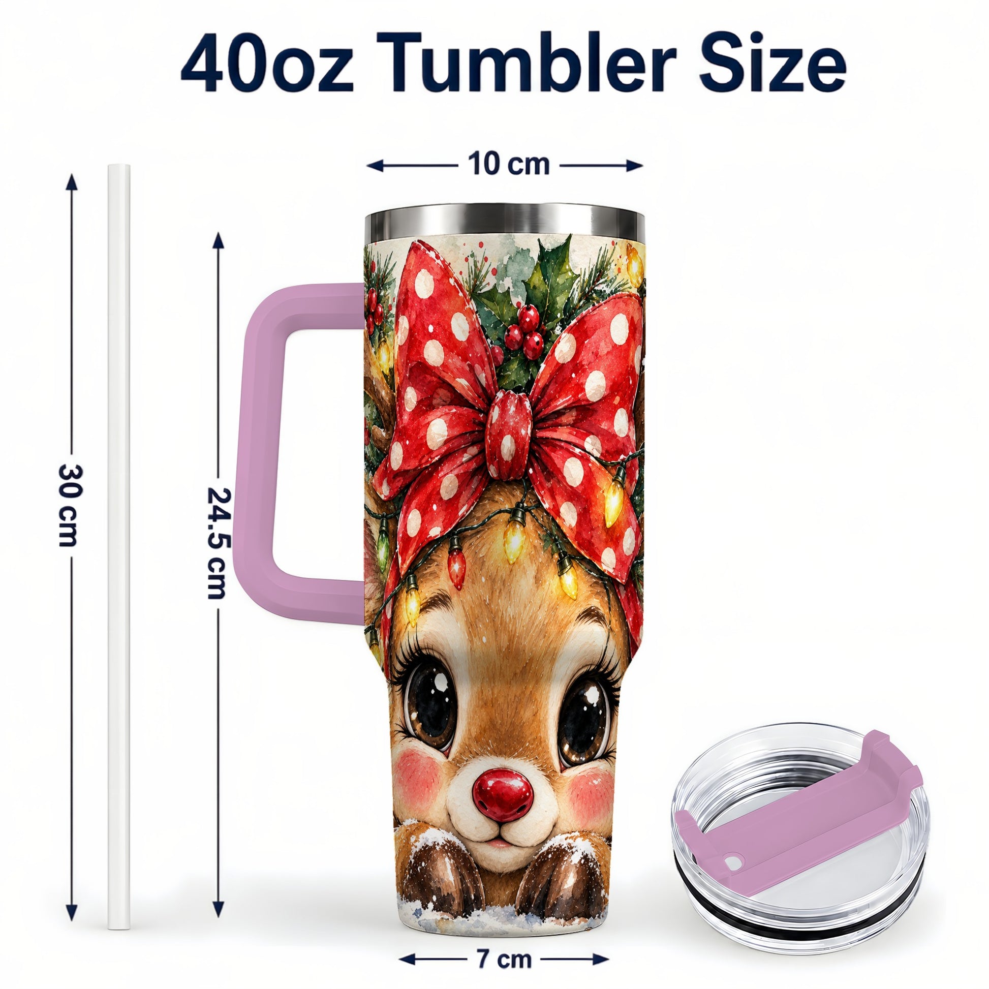 #pl[40oz|Pink] Cute Reindeer 40oz Tumbler with Handle, Christmas Stainless Steel Cup