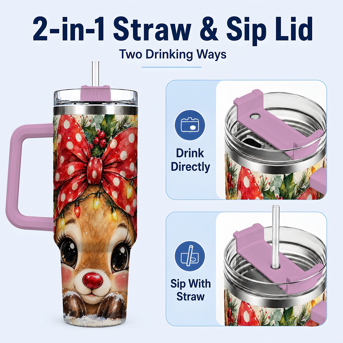 #pl[40oz|Pink] Cute Reindeer 40oz Tumbler with Handle, Christmas Stainless Steel Cup