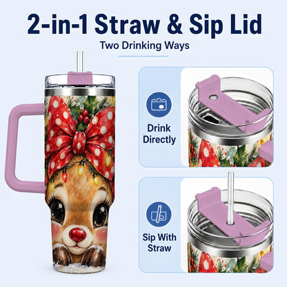 #pl[40oz|Pink] Cute Reindeer 40oz Tumbler with Handle, Christmas Stainless Steel Cup