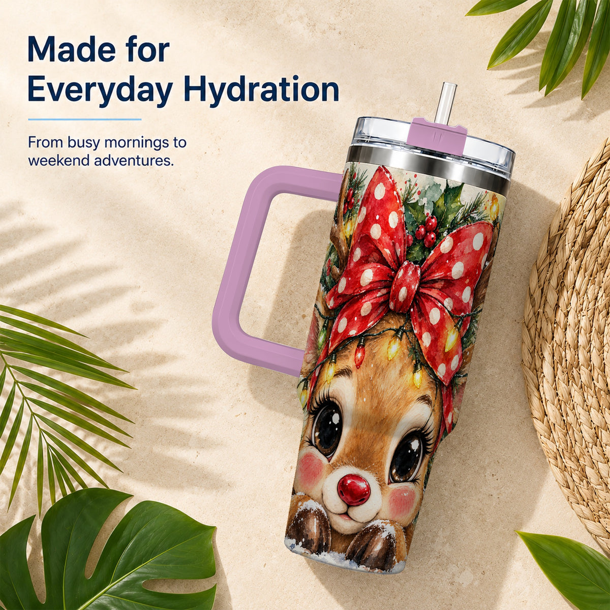 #pl[40oz|Pink] Cute Reindeer 40oz Tumbler with Handle, Christmas Stainless Steel Cup