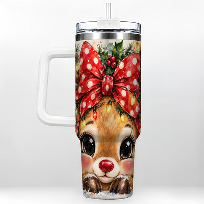 Cute Reindeer 40oz Tumbler with Handle, Christmas Stainless Steel Cup