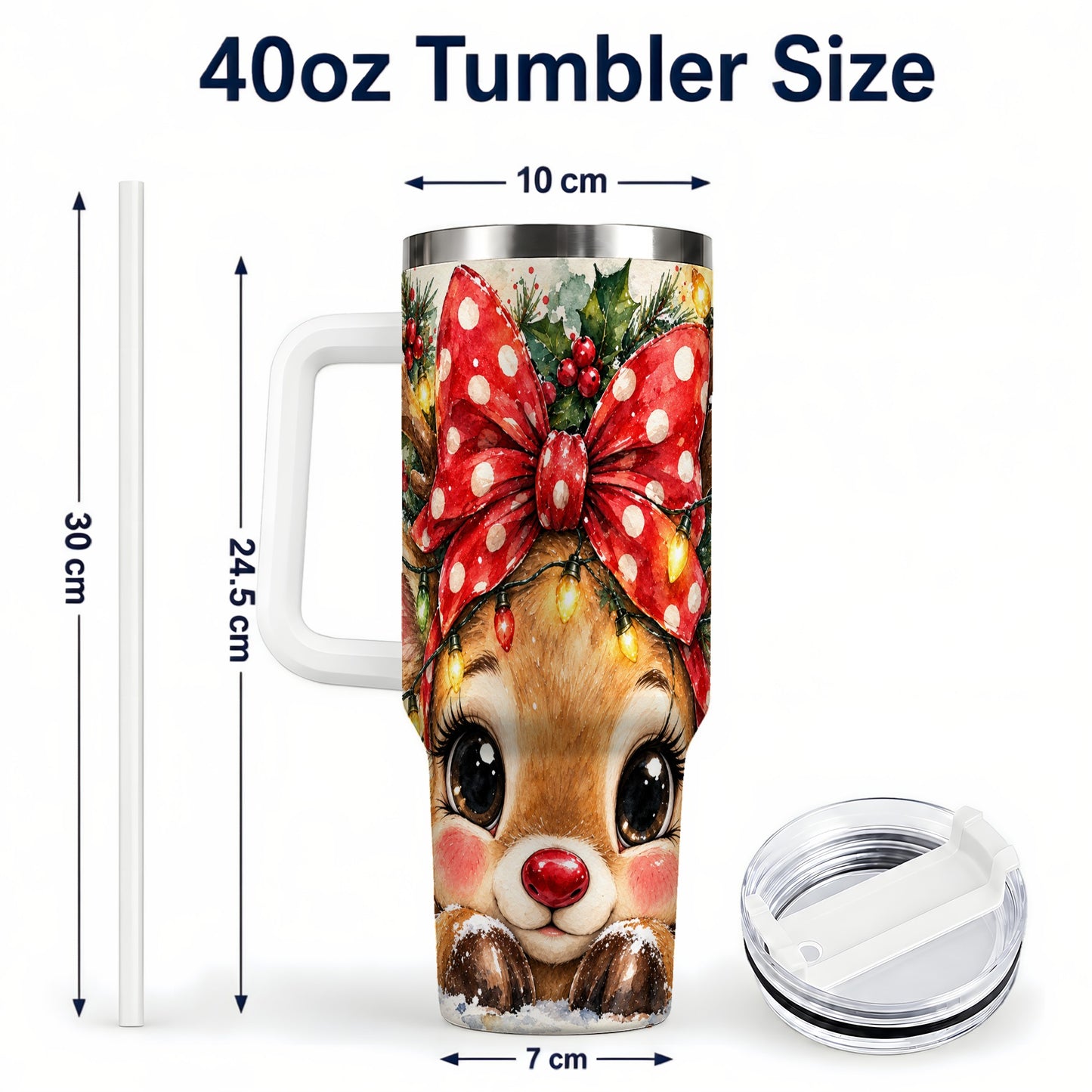 #pl[40oz|White] Cute Reindeer 40oz Tumbler with Handle, Christmas Stainless Steel Cup