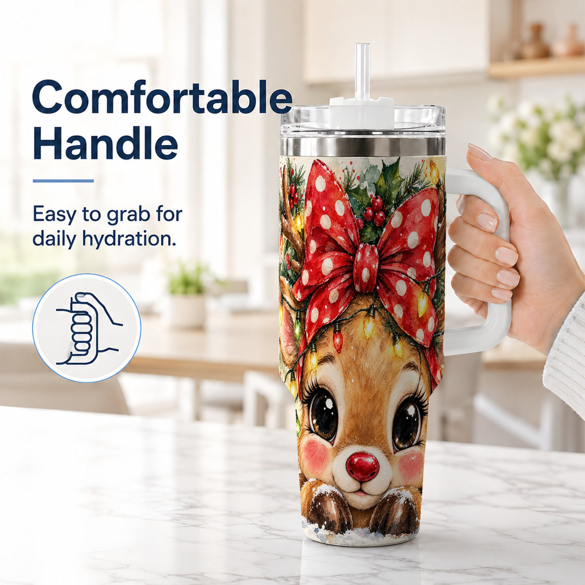#pl[40oz|White] Cute Reindeer 40oz Tumbler with Handle, Christmas Stainless Steel Cup