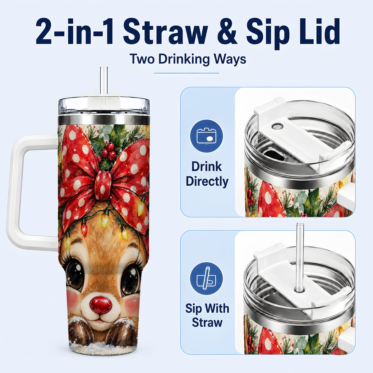#pl[40oz|White] Cute Reindeer 40oz Tumbler with Handle, Christmas Stainless Steel Cup