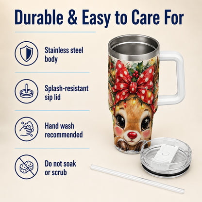 #pl[40oz|White] Cute Reindeer 40oz Tumbler with Handle, Christmas Stainless Steel Cup