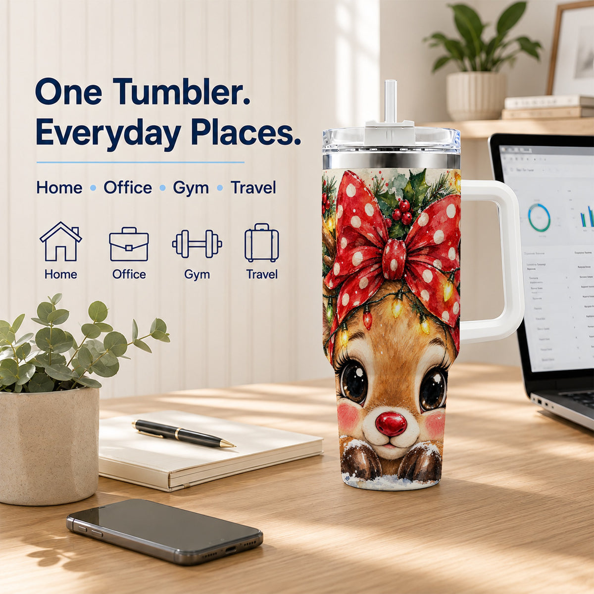 #pl[40oz|White] Cute Reindeer 40oz Tumbler with Handle, Christmas Stainless Steel Cup