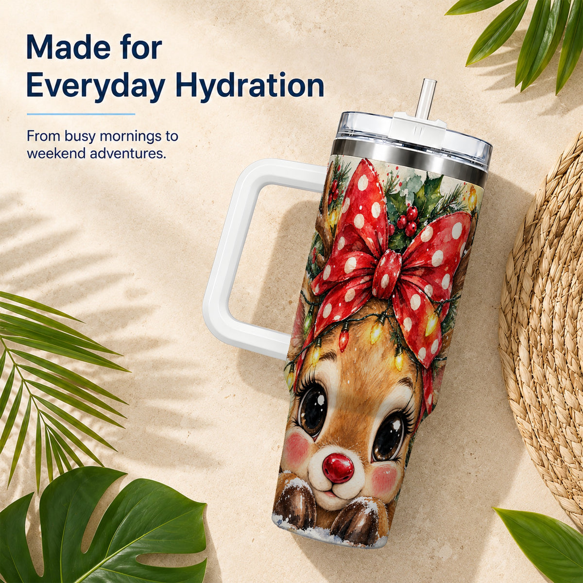 #pl[40oz|White] Cute Reindeer 40oz Tumbler with Handle, Christmas Stainless Steel Cup