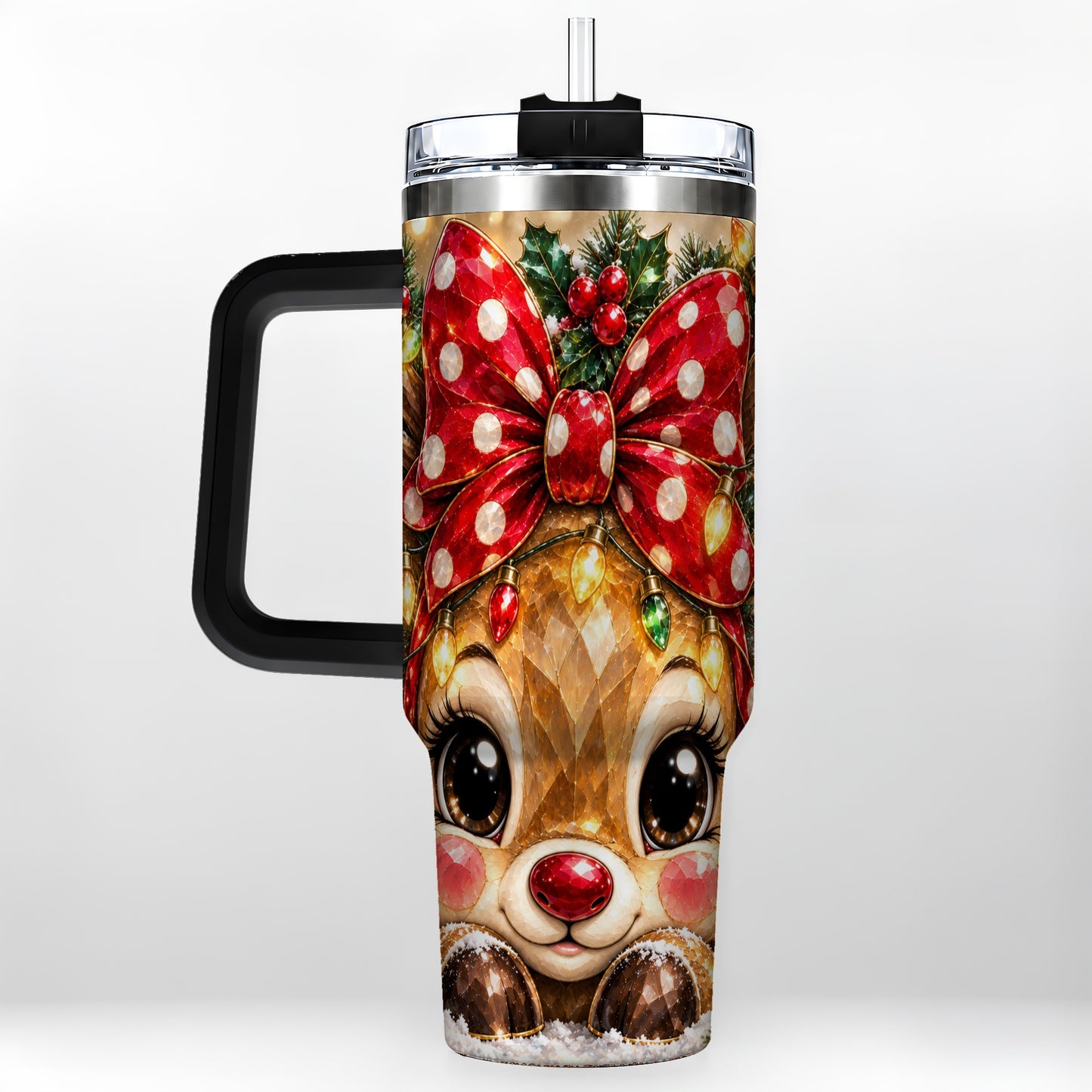 #pl[40oz|Black] Jeweled Reindeer 40oz Tumbler with Handle, Holiday Stainless Steel Cup
