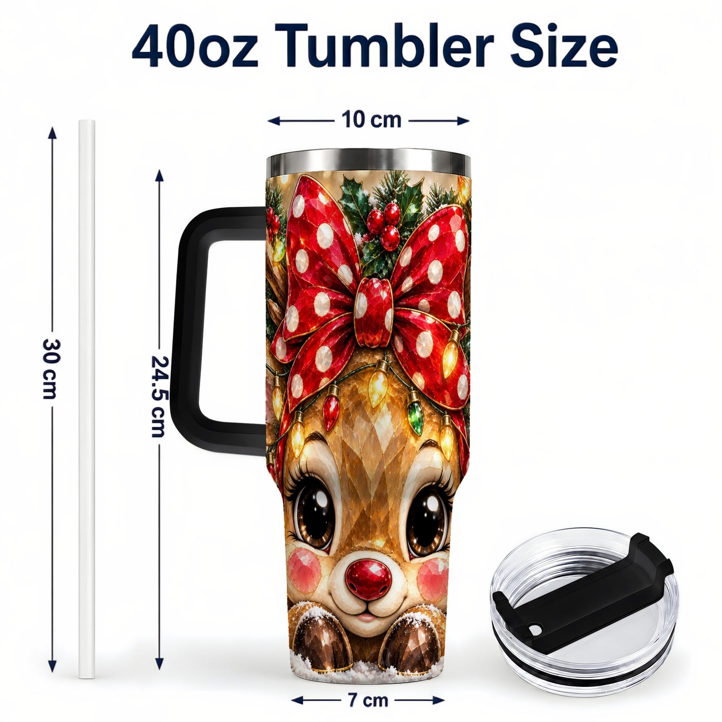 #pl[40oz|Black] Jeweled Reindeer 40oz Tumbler with Handle, Holiday Stainless Steel Cup