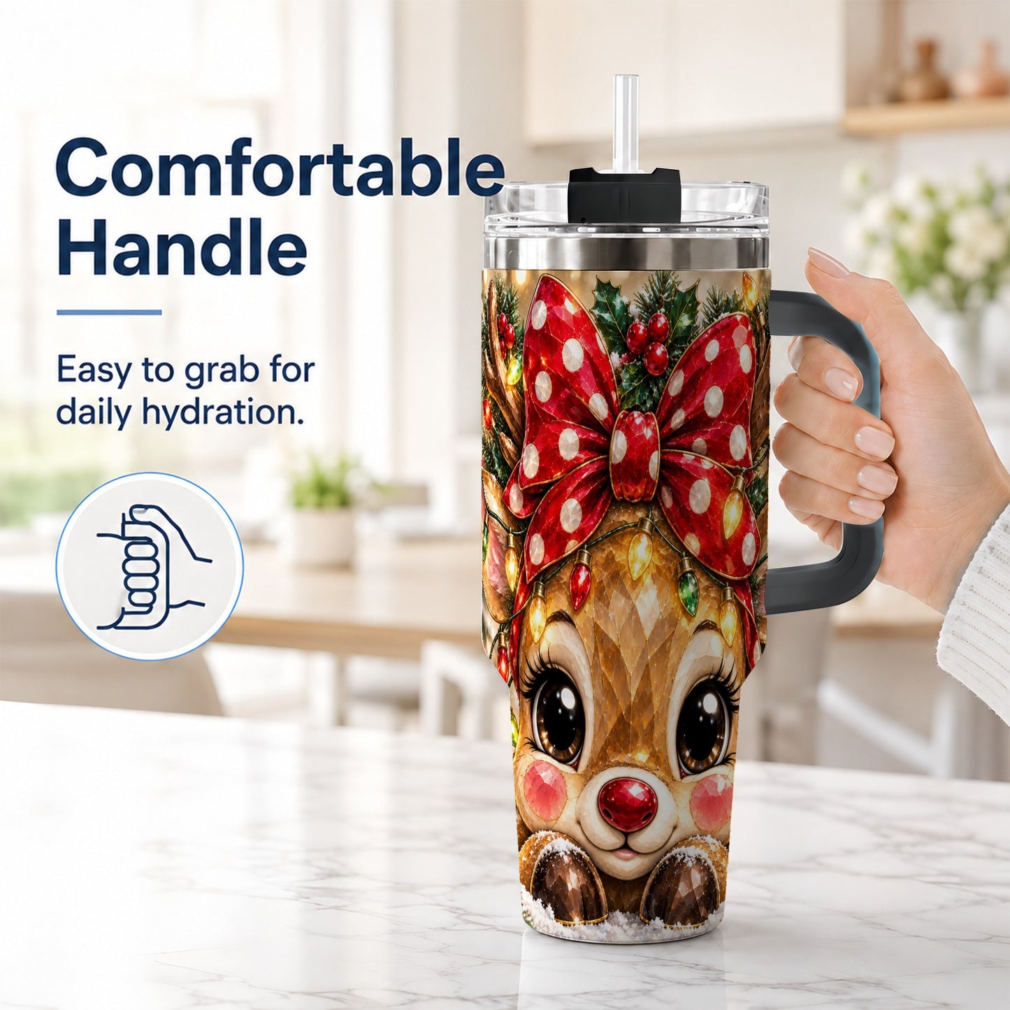 #pl[40oz|Black] Jeweled Reindeer 40oz Tumbler with Handle, Holiday Stainless Steel Cup