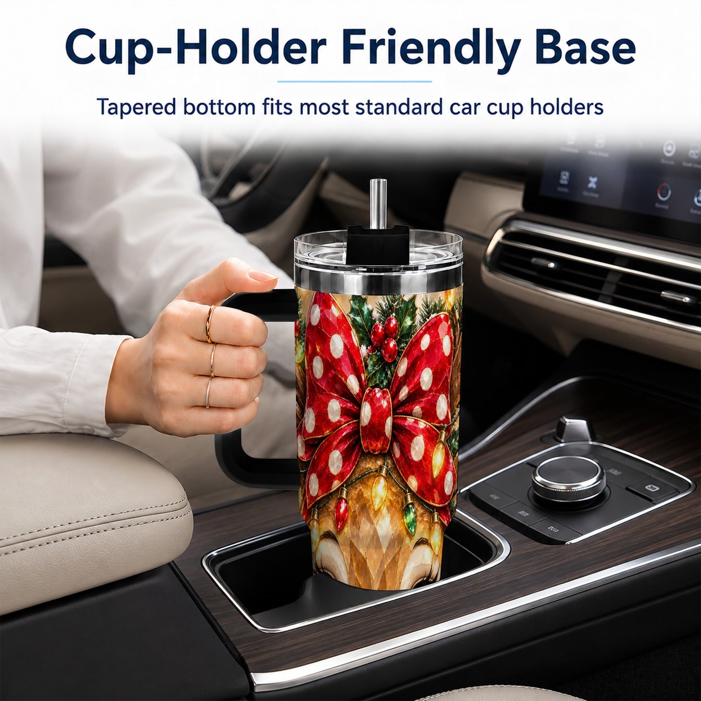 #pl[40oz|Black] Jeweled Reindeer 40oz Tumbler with Handle, Holiday Stainless Steel Cup
