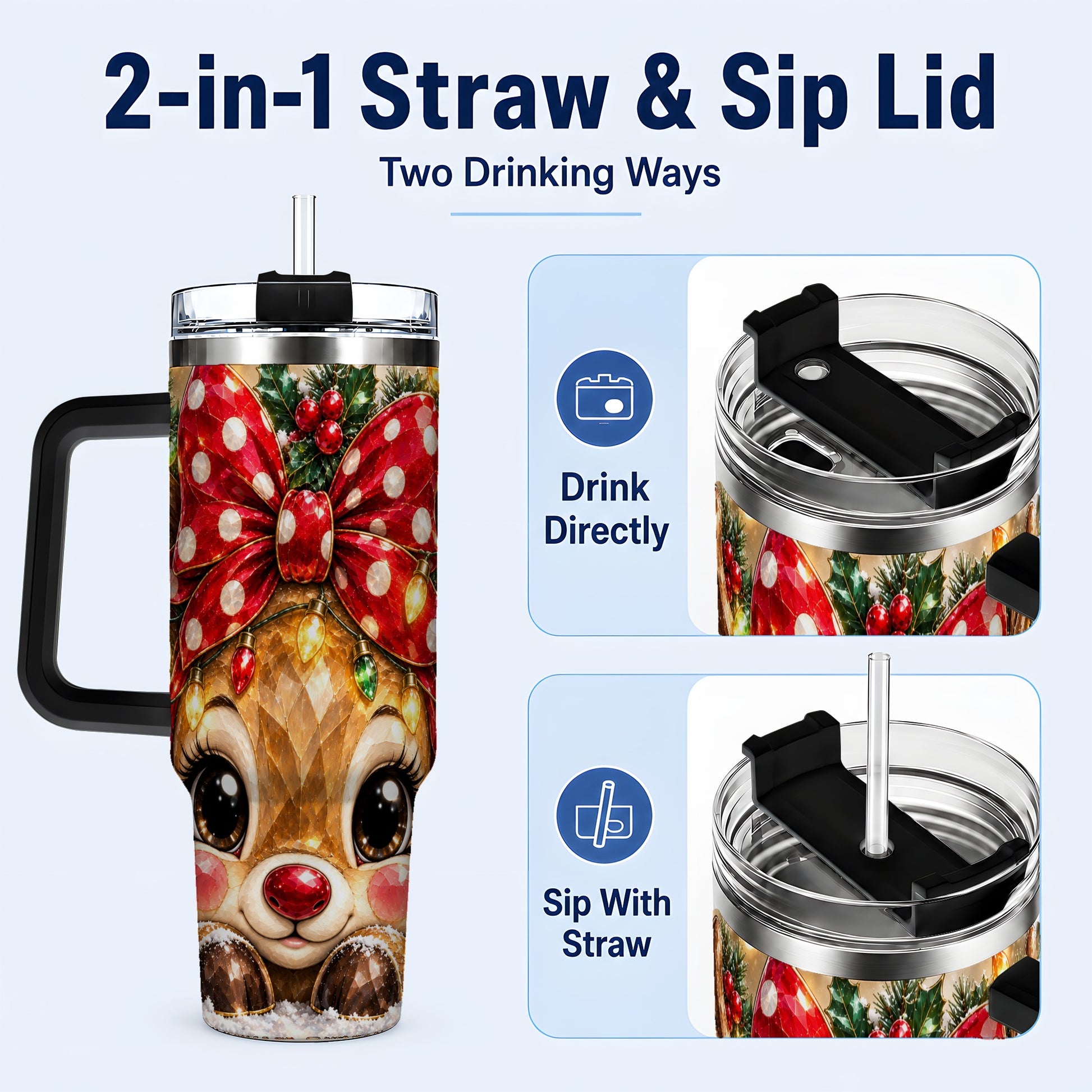 #pl[40oz|Black] Jeweled Reindeer 40oz Tumbler with Handle, Holiday Stainless Steel Cup