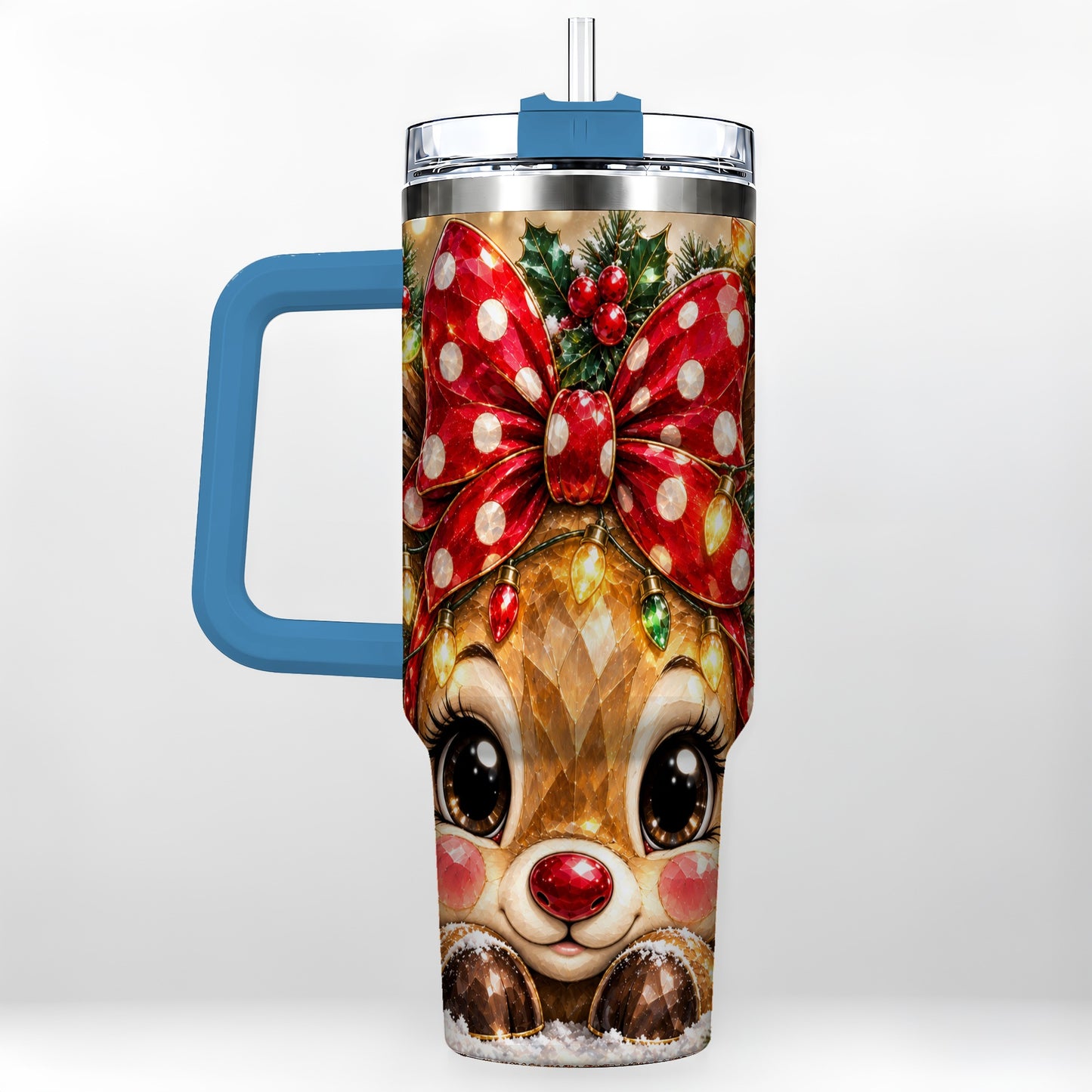 #pl[40oz|Blue] Jeweled Reindeer 40oz Tumbler with Handle, Holiday Stainless Steel Cup