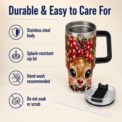 #pl[40oz|Black] Jeweled Reindeer 40oz Tumbler with Handle, Holiday Stainless Steel Cup