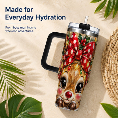 #pl[40oz|Black] Jeweled Reindeer 40oz Tumbler with Handle, Holiday Stainless Steel Cup