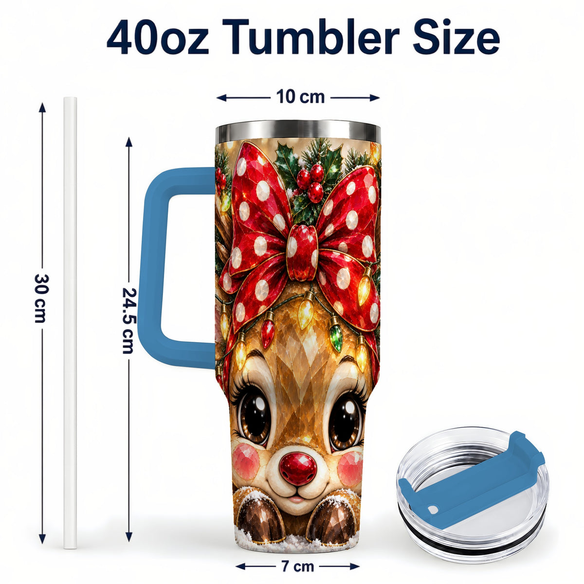 #pl[40oz|Blue] Jeweled Reindeer 40oz Tumbler with Handle, Holiday Stainless Steel Cup