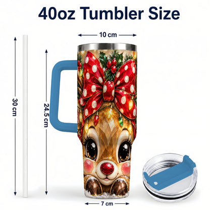 #pl[40oz|Blue] Jeweled Reindeer 40oz Tumbler with Handle, Holiday Stainless Steel Cup