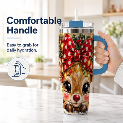 #pl[40oz|Blue] Jeweled Reindeer 40oz Tumbler with Handle, Holiday Stainless Steel Cup