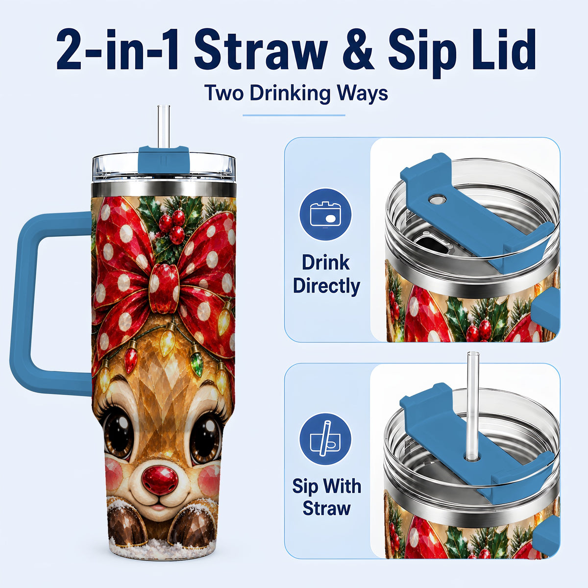 #pl[40oz|Blue] Jeweled Reindeer 40oz Tumbler with Handle, Holiday Stainless Steel Cup