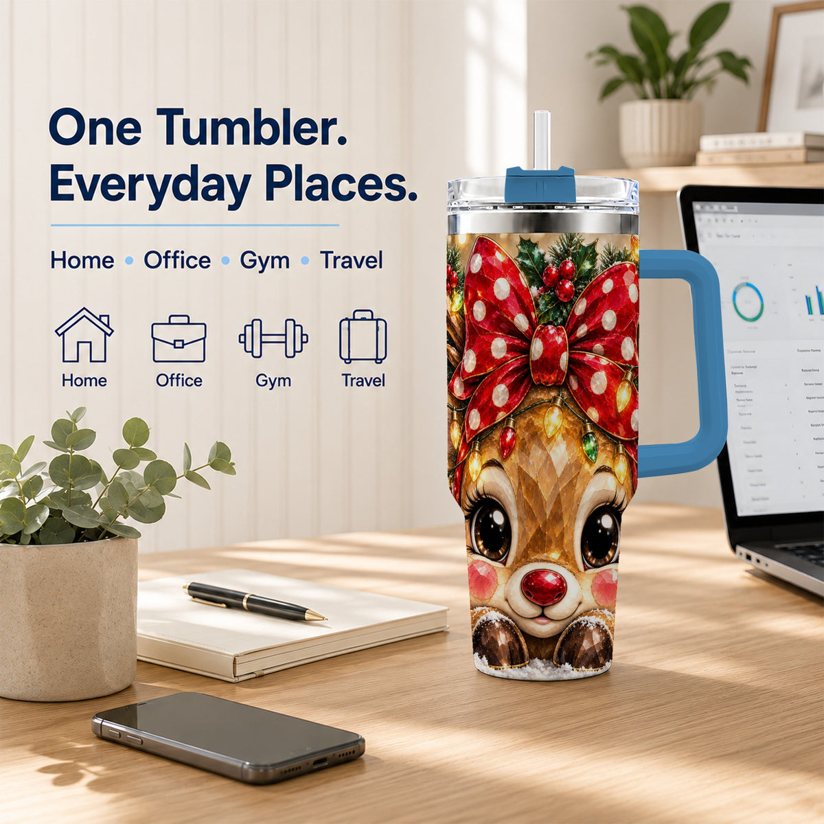 #pl[40oz|Blue] Jeweled Reindeer 40oz Tumbler with Handle, Holiday Stainless Steel Cup