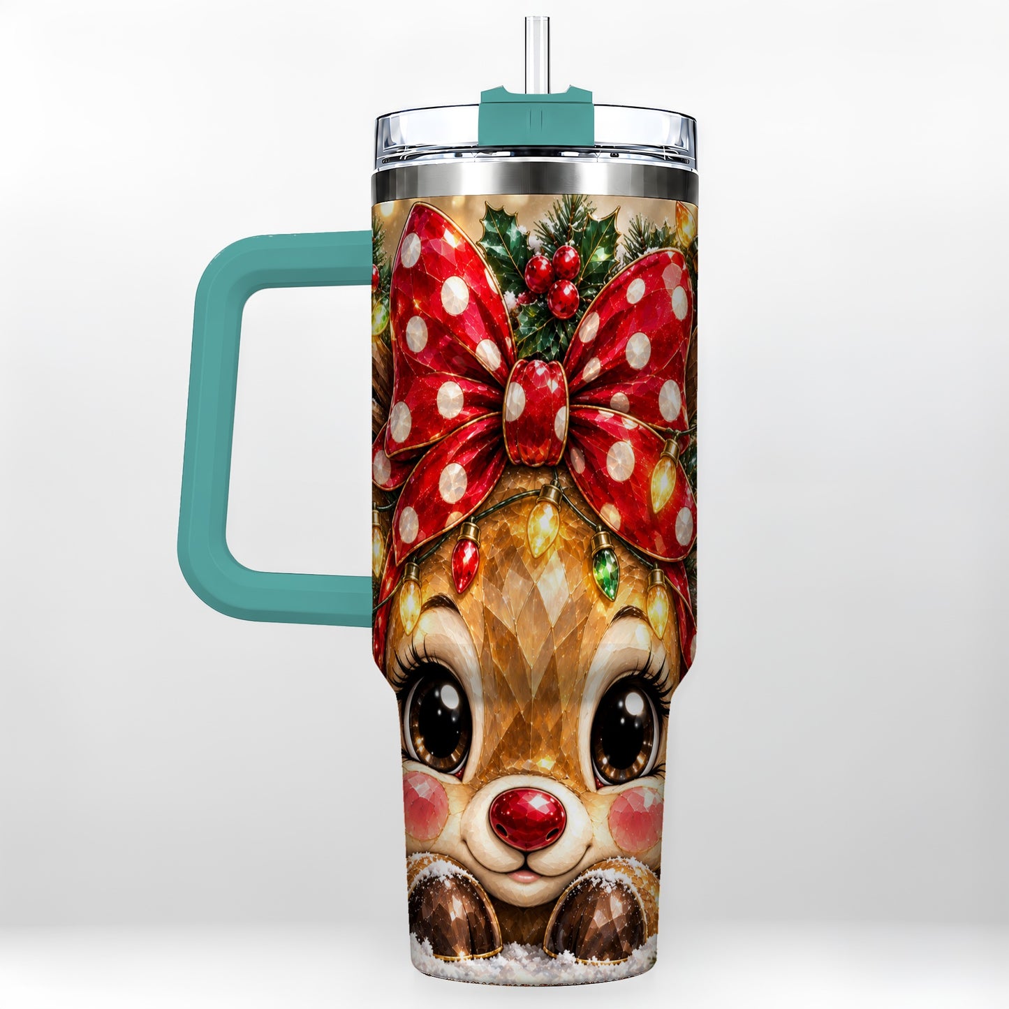 #pl[40oz|Green] Jeweled Reindeer 40oz Tumbler with Handle, Holiday Stainless Steel Cup
